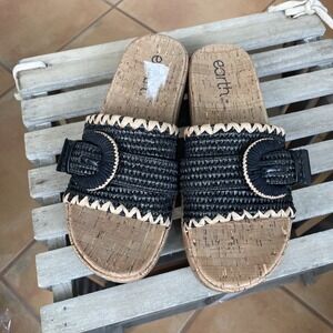 Earth Samsy Women's Raffia Slip On Mule Style Sandal Black + Tan With Buckle 9